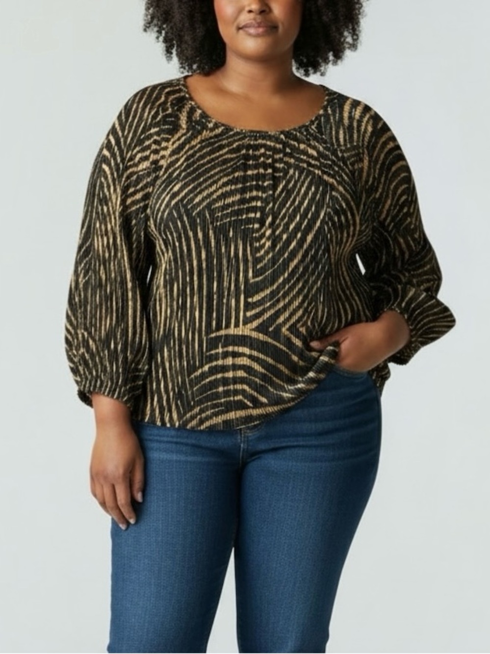 Chico's Women’s Pleated Plisse Black & Gold Animal Stripe Balloon Sleeve Top XL
